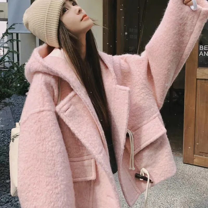 Pink Hooded Crop Woolen Coats  - Wool Coat Peacoat recension och pris